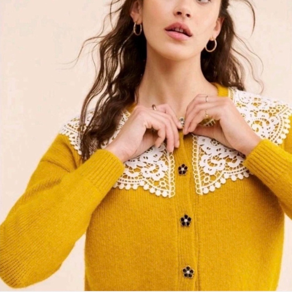Maeve by Anthropologie Mustard Cardigan with White Lace Detail